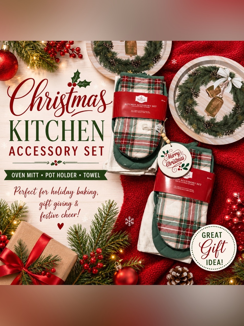 Holiday Time Plaid Oven Mitt Pot Holder Towel Platter Bundle
